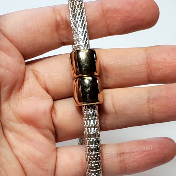 Slightly Stretchy Silver and Gold Tone Bead Bracelet 9" - Picture 2 of 3